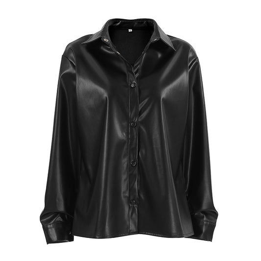 Black loose leather shirt jacket