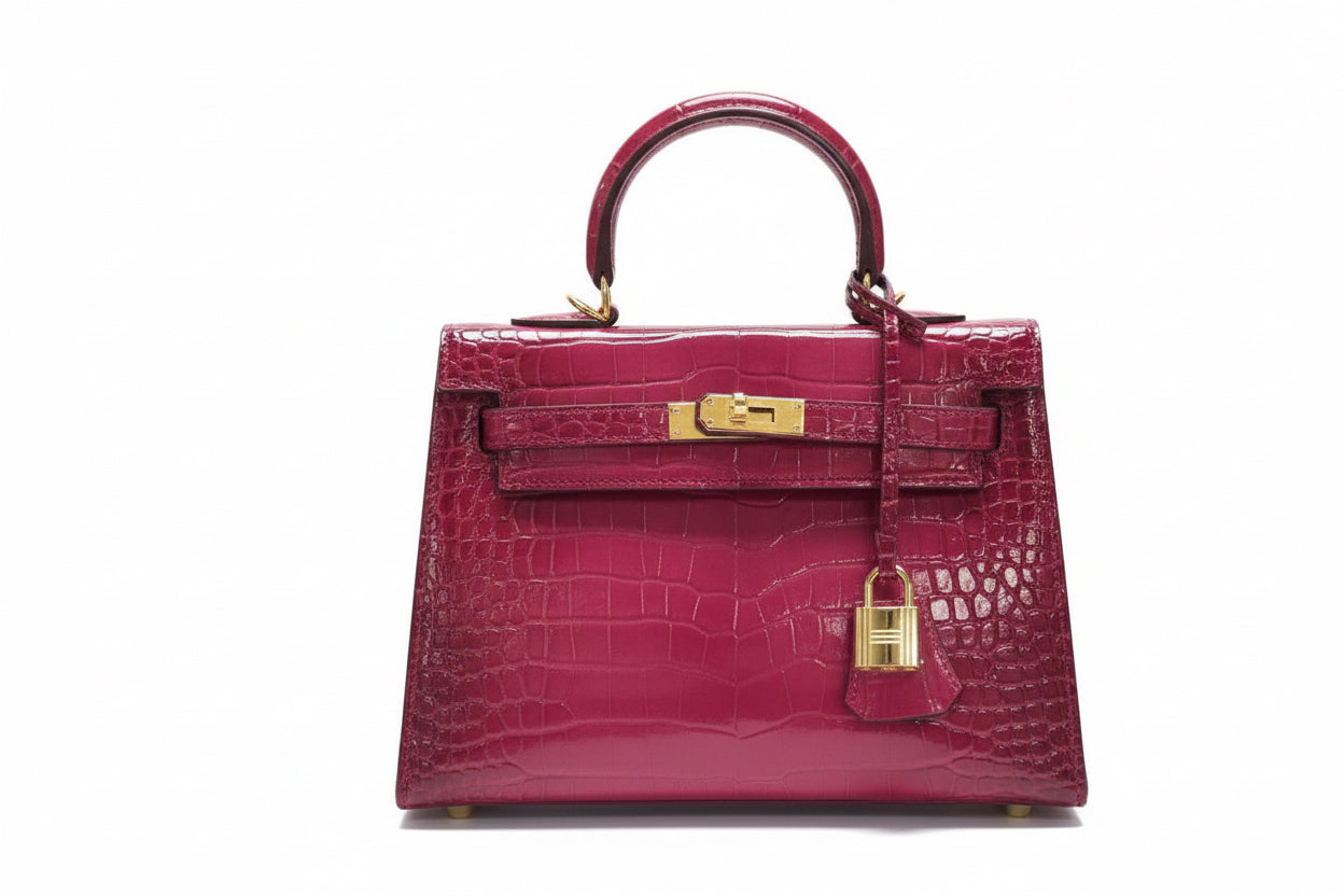 Croc embossed shiny top handle handbag with strap