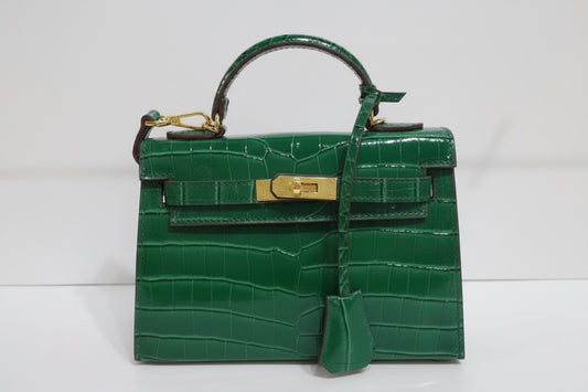Croc embossed shiny top handle handbag with strap